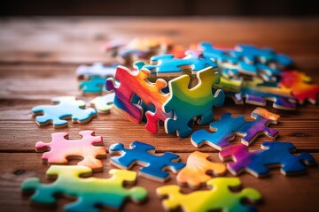 Colourful pieces of a jigsaw puzzle on a table. Generative AI