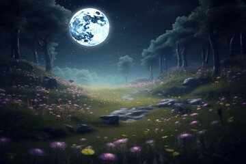 A beautiful fairytale enchanted forest at night with a big moon in the sky illuminating trees and great vegetation, Generative AI