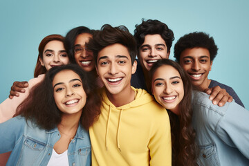Banner of group of multiracial friends taking selfie picture smiling at camera. Laughing young people celebrating on blue studio background. Portrait of student guys and girls enjoying time together - obrazy, fototapety, plakaty