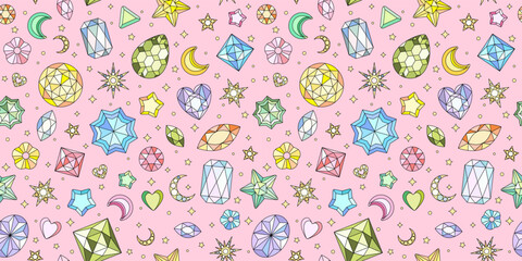 Seamless pattern with shiny rhinestones and golden stars. Trendy 2000s crystal glamorous background. Hand drawn vector illustration.  - 690877649
