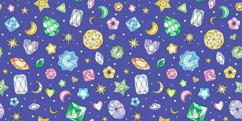 Seamless pattern with shiny rhinestones and golden stars. Trendy 2000s crystal glamorous background. Hand drawn vector illustration. 
