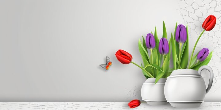 white 3d background with tulip flower and flower pot, Generative AI