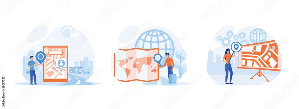 Poster set geolocation concept with tiny male characters searching route and looking on map online in smart