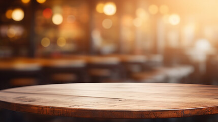 木製の丸テーブルとパブまたはバーのぼかし背景GenerativeAI