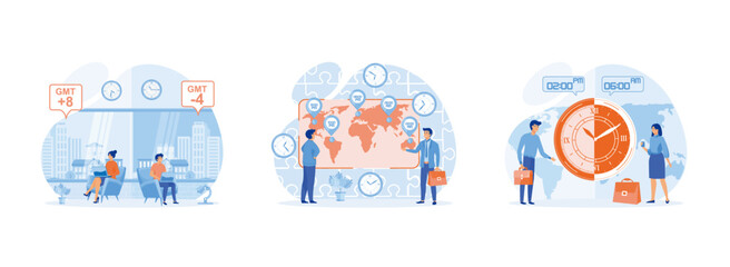 Time zones concept collage, World time concept, Big clock showing local time. Time zone set flat vector modern illustration 