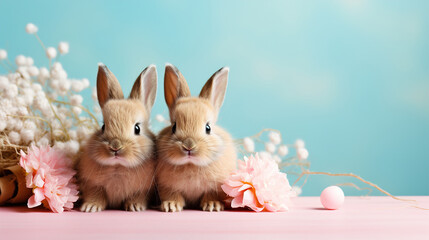 Festive banner, two rabbits flowers on a blue background with copy space
