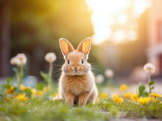 Fototapeta premium Cute little rabbit on a green grass with a sun flare.