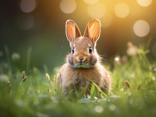Cute little rabbit on a green grass with a sun flare. - Powered by Adobe