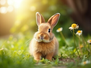 Cute little rabbit on a green grass with a sun flare.