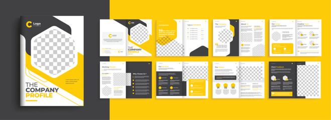 Company profile business brochure template with yellow, red modern shape. 16 pages a4 brochure template layout design