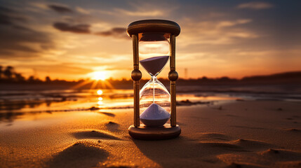 An hourglass with sunset background. Concept of time passing, urgency or deadline. - obrazy, fototapety, plakaty