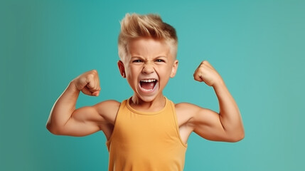 Funny little power super hero kid showing muscles. Strength, confidence or defense from bullying. Green background. - obrazy, fototapety, plakaty