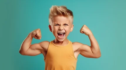 Foto op Canvas Funny little power super hero kid showing muscles. Strength, confidence or defense from bullying. Green background. © Shanorsila