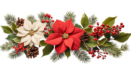 クリスマスや冬の装飾を連想させるポインセチアとベリー、松ぼっくりのデザイン（背景透明） - obrazy, fototapety, plakaty
