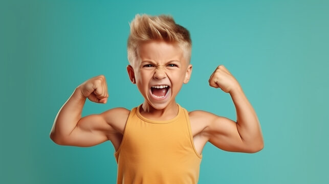 Naklejki Funny little power super hero kid showing muscles. Strength, confidence or defense from bullying. Green background.