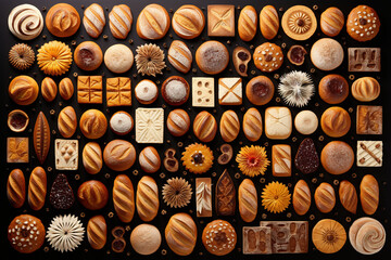 Top view composition of various types of bread forming a harmonious and visually striking pattern