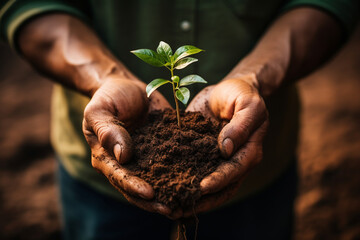 A close-up of hands holding soil and a young plant, symbolizing the importance of reforestation and soil conservation.