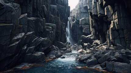 Rocky Wall and Waterfall Landscape