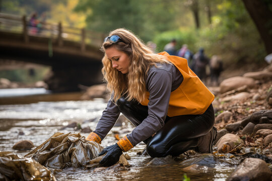 A volunteer cleaning up a polluted riverbank, emphasizing the significance of preserving water ecosystems.