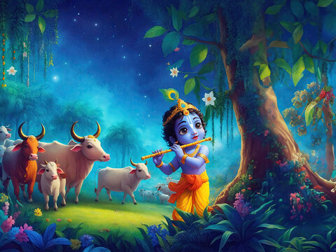 Lord Krishna Childhood in Vrindavan forest, illustration image, India, Hindu Deity Krishna, Illustration  Vrindavan Forest Painting