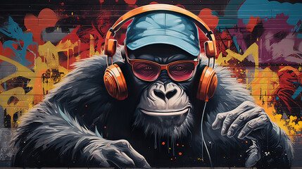 A cool gorilla rapper in sunglasses and a snapback cap, dropping beats in an urban setting with graffiti walls Ai Generative - obrazy, fototapety, plakaty