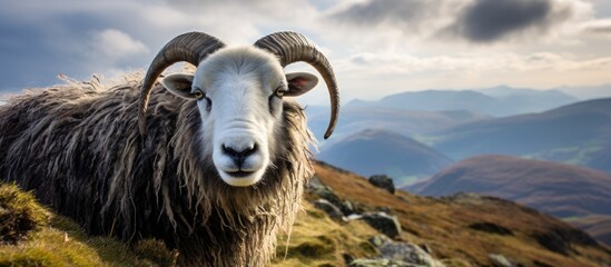 Close-up of a Herdwick sheep on Cumbrian fells, Lake District, UK. - obrazy, fototapety, plakaty