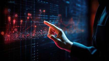 Hand interacting with a futuristic, digital stock market chart displaying various data points and trends.