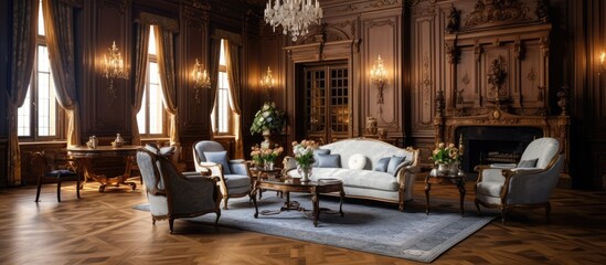 Obraz premium Opulent living room in a historic mansion with classical interiors.