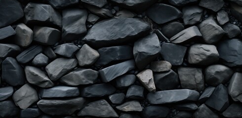 grey slate coloured rocky stones piled together, top down perspective texture wallpaper