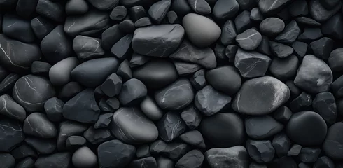 Fotobehang grey slate coloured rocky stones piled together, top down perspective texture wallpaper © Layerform
