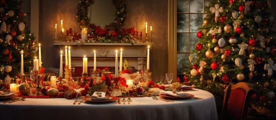 Fototapeta na wymiar Candlelit Christmas dinner, Thanksgiving table with turkey, decorated room, Christmas tree.