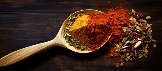 Use Indian spices, blend with a wooden spoon. - obrazy, fototapety, plakaty