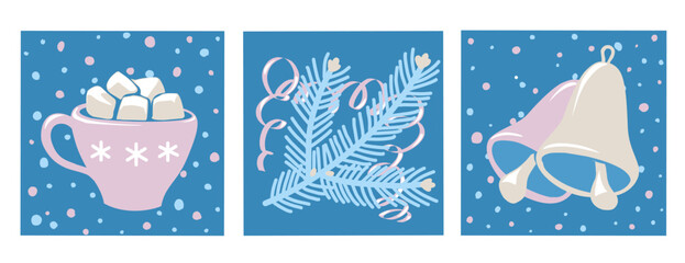 Festive set of illustrations of a cup, fir branch and bells on a dark blue background.