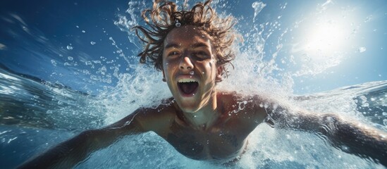 Kid in summer splashes in water pool. - obrazy, fototapety, plakaty