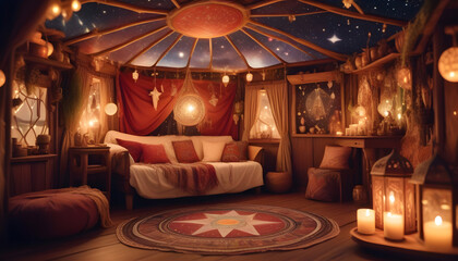 Obraz premium Gypsy Caravan Enchantment: Constellation Tapestries, Crystal Ball, Mystical Artifacts ai generation
