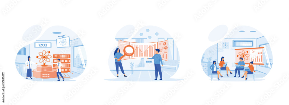 Poster landing page template of data, processing and provision of data research, analyst working on a proje