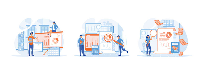 Business operation research and analysis, Audit concept, Concept of financial report. Audit concept set flat vector modern illustration 