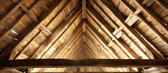 Wooden beams in the roof's attic.