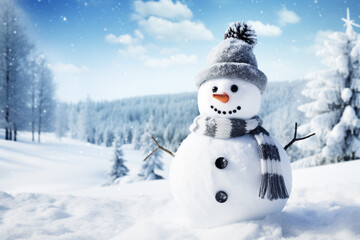 Obraz premium Cute snowman in snow with senta hat for happy christmas and new year festival winter wallpaper. AI