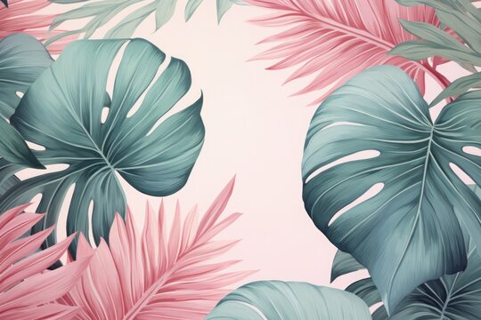 Fototapeta Tropical leaves in soft pastel colors, an elegant and tranquil design for botanical themes and natural decor.  