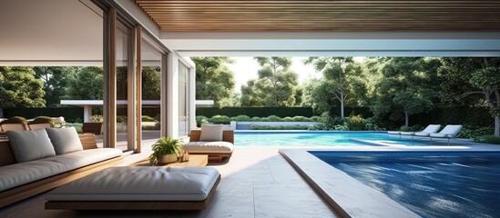 Contemporary home with pool visible from living area.