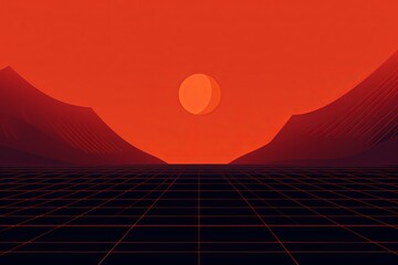 Retro futuristic sun over a digital grid landscape, embodying the 80s synthwave aesthetic for themed designs and art.  