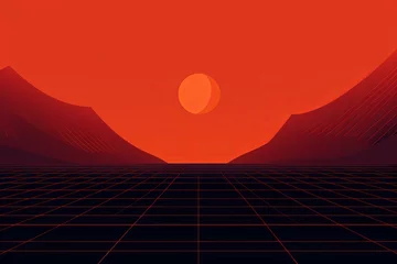 Photo sur Plexiglas Rouge Retro futuristic sun over a digital grid landscape, embodying the 80s synthwave aesthetic for themed designs and art.  