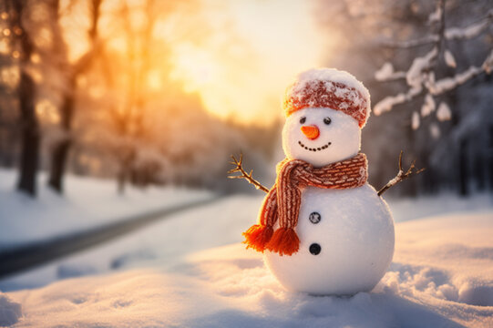 Cute snowman in snow with senta hat for happy christmas and new year festival winter wallpaper. AI