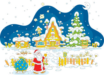 On the snowy night before Christmas happy Santa Claus pulling his sledge with a magical bag of winter holiday gifts for little children sleeping in a cute small village house, vector cartoon