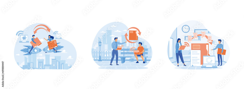 Poster sharing file, transfer of documentation, people send files for business. sharing file set flat vecto