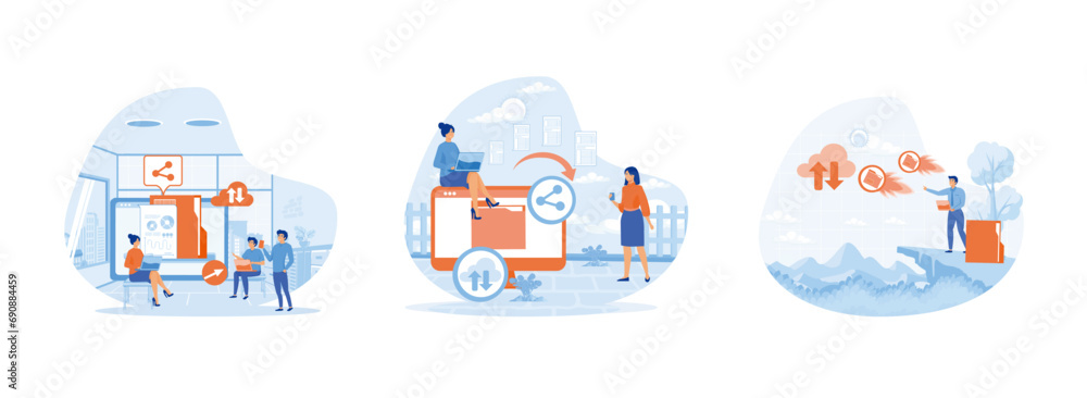 Poster data transfer, sharing file, transfer of documentation. sharing file set flat vector modern illustra