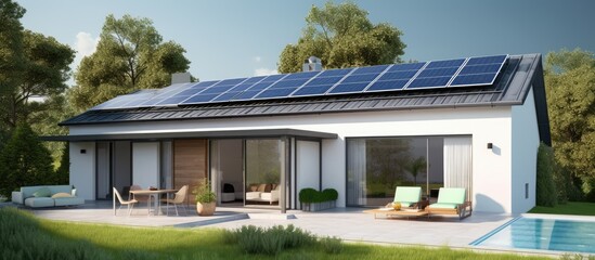 Contemporary home with solar panels on the roof for green power