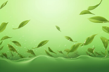 Falling tea leaves, realistic green foliage flying. Floral organic elements for products packaging design, advertising, promo,	
