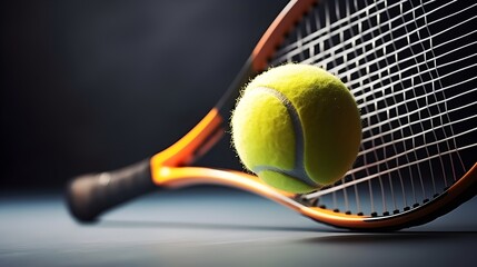 Portrait of a tennis racket and a tennis ball against dark background with space for text, background image, generative AI